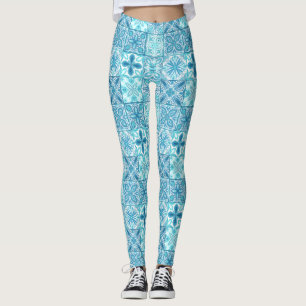 Legging azulejos ornamentados em azul e branco