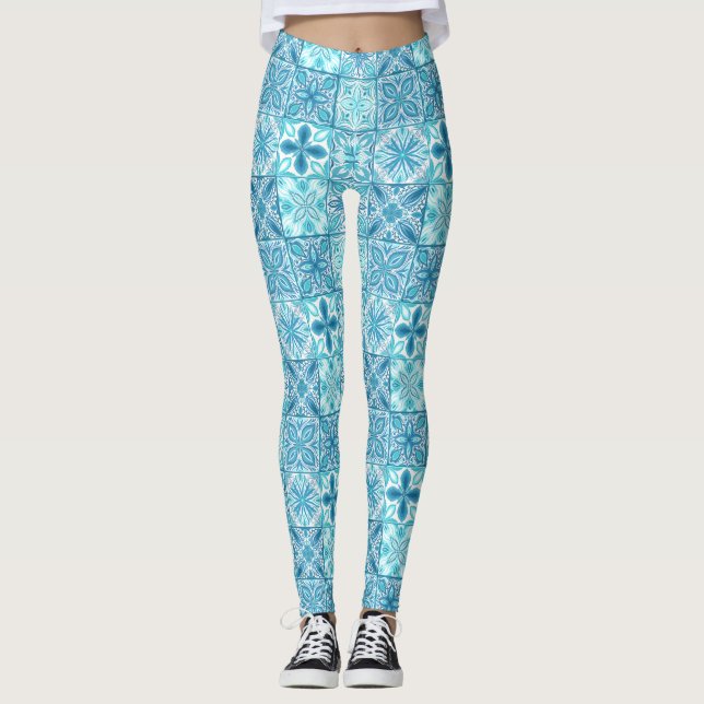 Legging azulejos ornamentados em azul e branco (Frente)