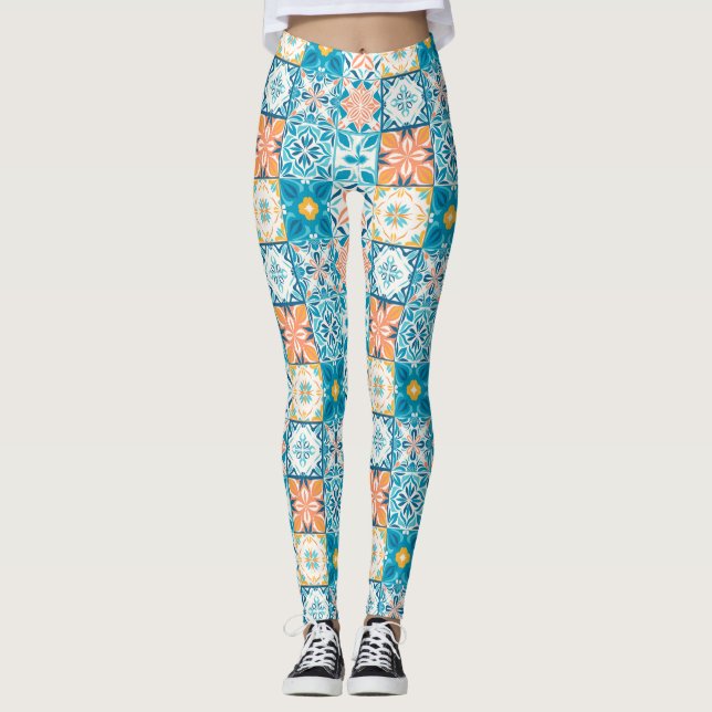 Legging azulejos ornamentados em azul e laranja (Frente)