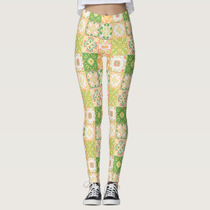Legging azulejos ornamentados em verde e amarelo