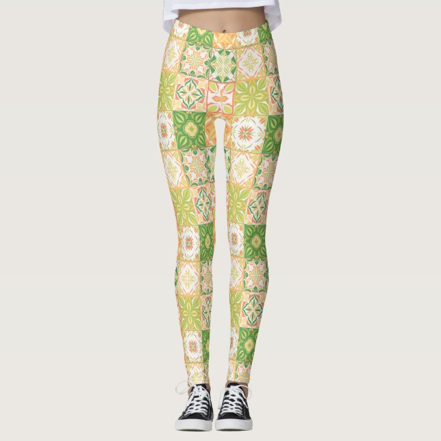 Legging azulejos ornamentados em verde e amarelo (Frente)