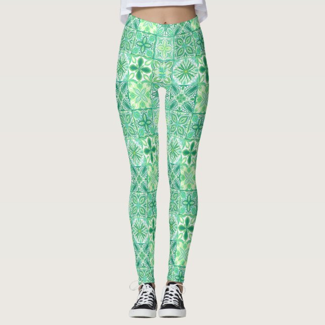 Legging azulejos ornamentados em verde e branco (Frente)