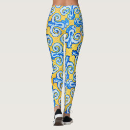 Legging Azulejos-padrão do Mediterrâneo Amarelo e Azul
