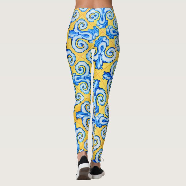 Legging Azulejos-padrão do Mediterrâneo Amarelo e Azul (Verso)