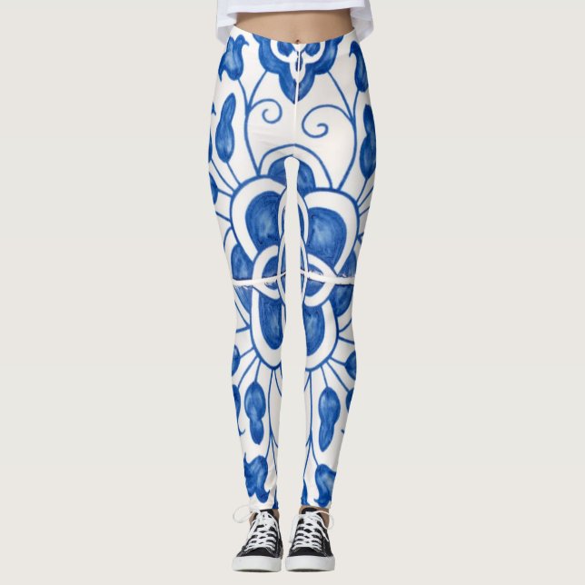 Legging Azulejos Portugueses Azulejo Padrão Yoga Cala Azul (Frente)