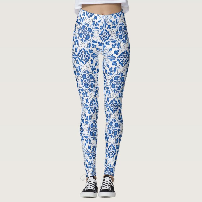 Legging Azulejos Portugueses Azulejo Padrão Yoga Cala Azul (Frente)