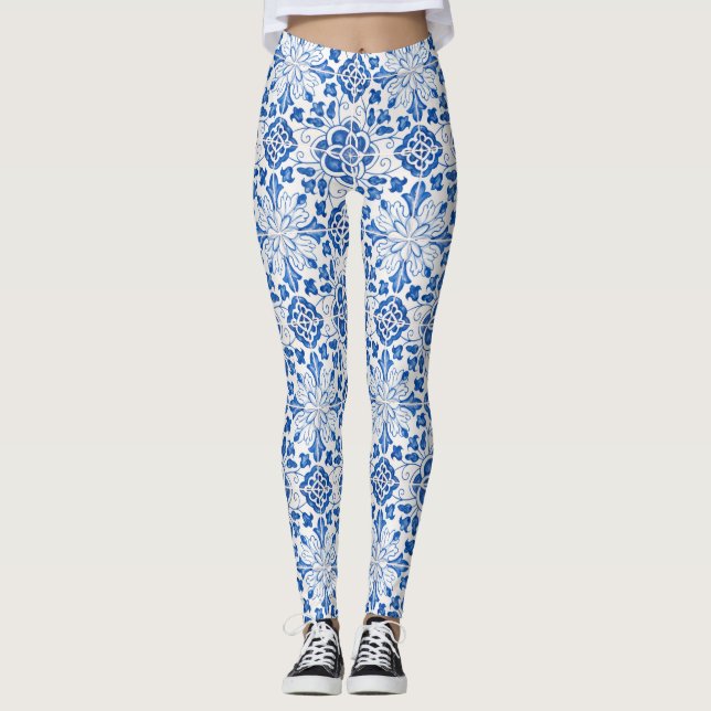 Legging Azulejos Portugueses Azulejo Padrão Yoga Cala Azul (Frente)