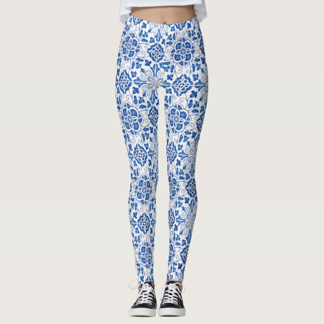 Legging Azulejos Portugueses Azulejo Padrão Yoga Cala Azul (Frente)