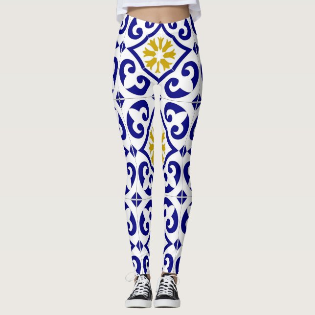 Legging Azulejos Portugueses Azulejo Padrão Yoga Cala Azul (Frente)