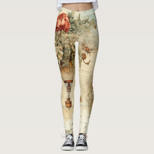 Legging Balão de Ar Quente Peônia Vintage Mapa Antigo
