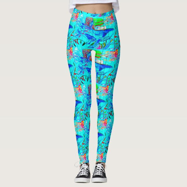 Legging baleias de humpback que nadam o azul (Frente)