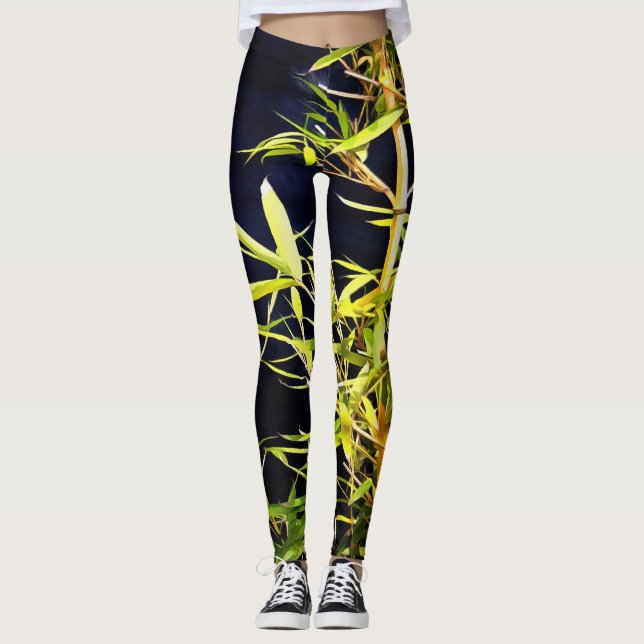 Legging Bambu Foliage Arte Tropical Em Preto (Frente)