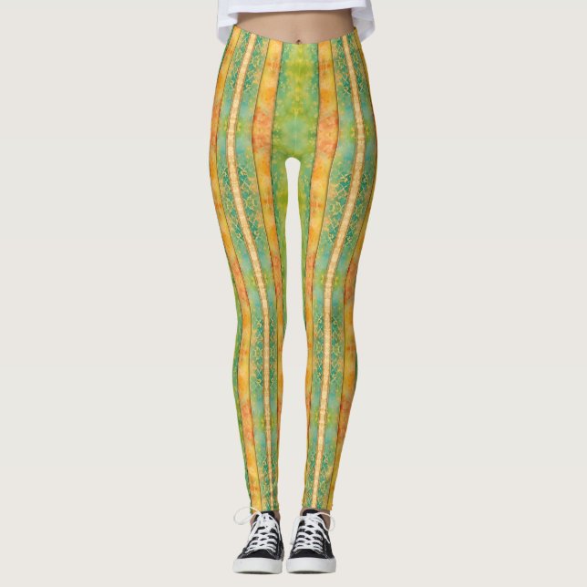 Legging Bandas de Aquarela Verde e Apricot (Frente)