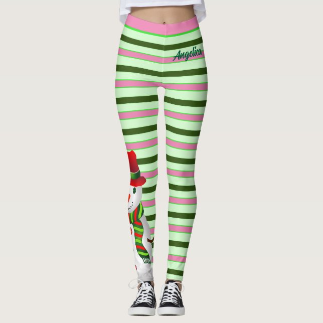 Legging Bandas de Férias Rosa e Verde com Snowman (Frente)