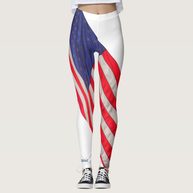 Legging Bandeira Americana no Fundo Branco com Nome (Frente)
