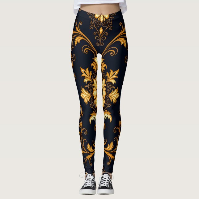 Legging "Barockes Ornament-Muster in Gold und Schwarz" Dec (Frente)