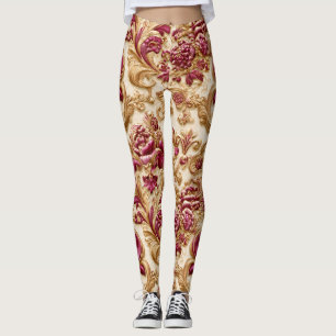 Legging Barroco Floral Luxuoso Dourado e Borgonha