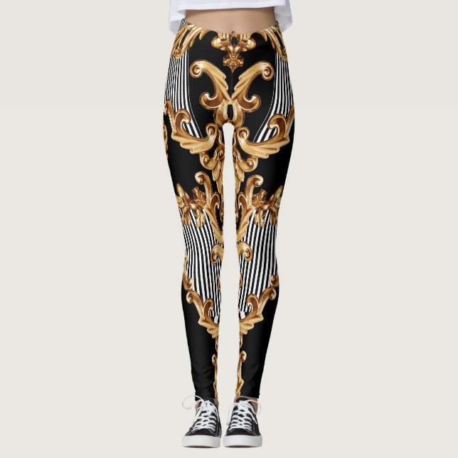 Legging Barroco ouro, design de ornamento intricado. (Frente)