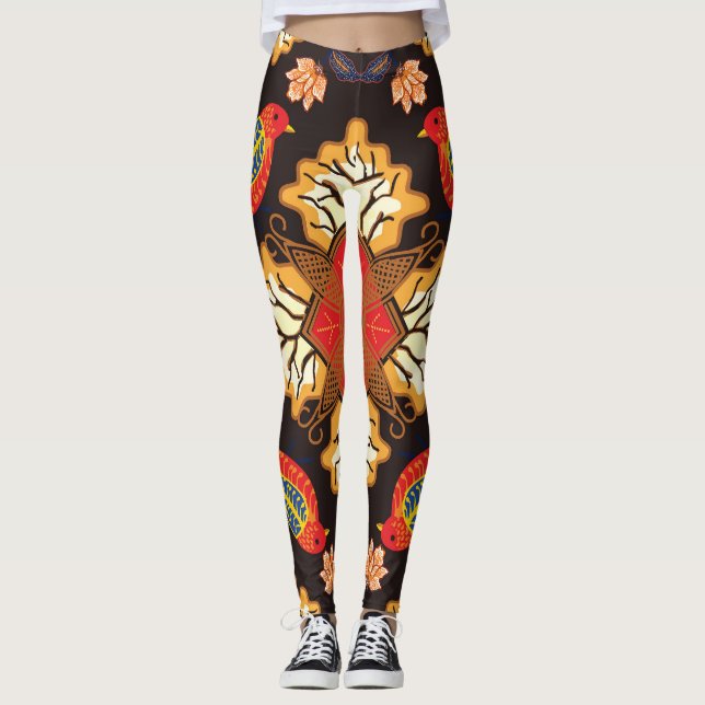 Legging Batik indonésio: motivo da fauna da flora. (Frente)