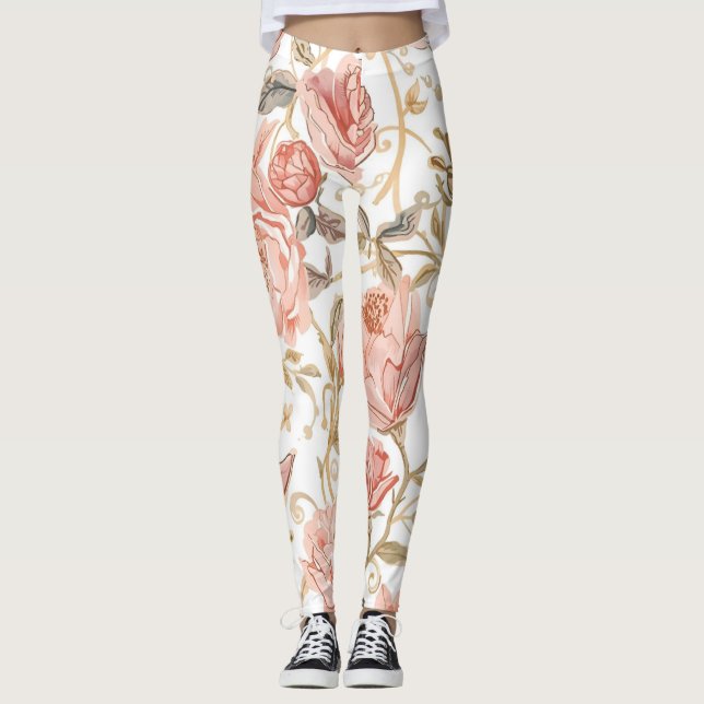 Legging Beautiful  Pink Roses ,Gold , Luxury elegant (Frente)