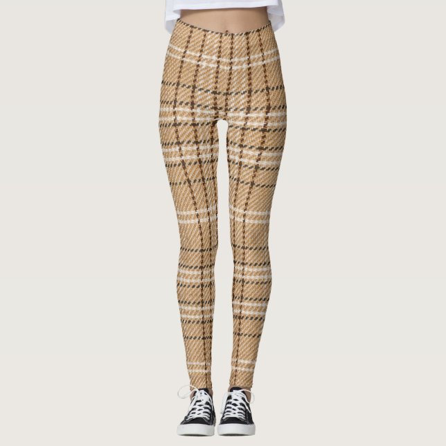 Legging Beige Tartan: Clássica Xadrez Weave. (Frente)