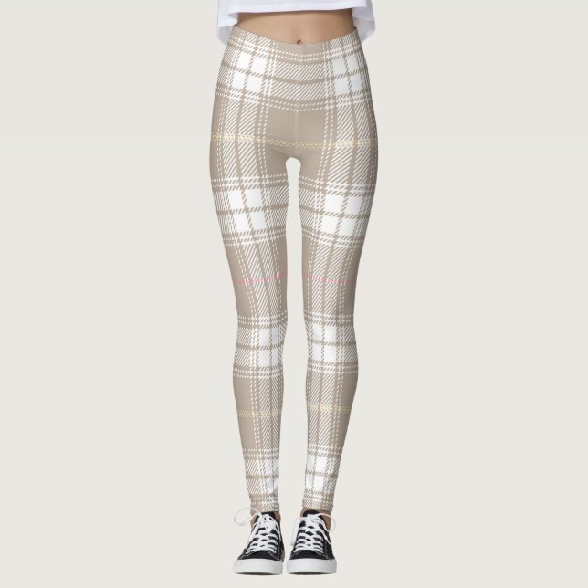Legging Beige White Tartan Xadrez Padrão Russo  (Frente)