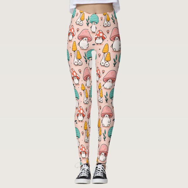 Legging Bela fantasia Cartoon de Cogumelo Rosa Arte Azul (Frente)