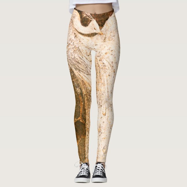 Legging Bela ilustração vintage de pavão branco (Frente)