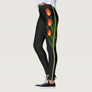 Legging Belas Flores de Tulipa em Preto