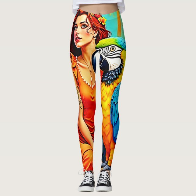 Legging Beleza tropical e Design de papagaio azul (Frente)