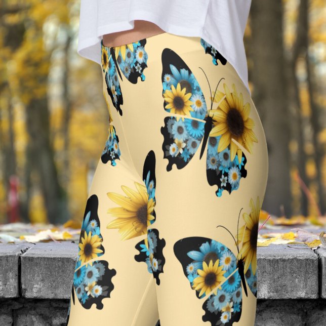 Legging Belo Beige Amarelo Flores de Borboletas Padrão (Butterfly Flowers on Beige Leggings)