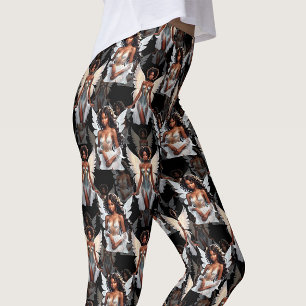 Legging Belo Design de Padrão de Anjos Negros -Escuro