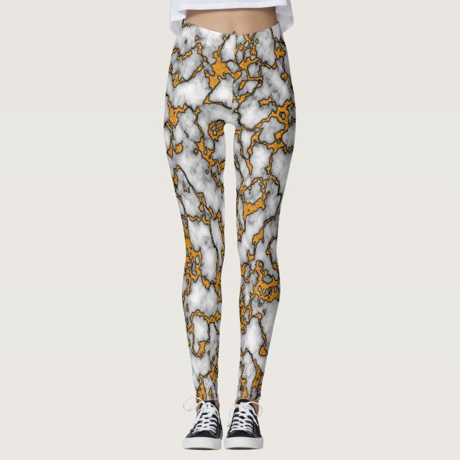 Legging Belo Design de Textura Marble Branco e Dourada (Frente)
