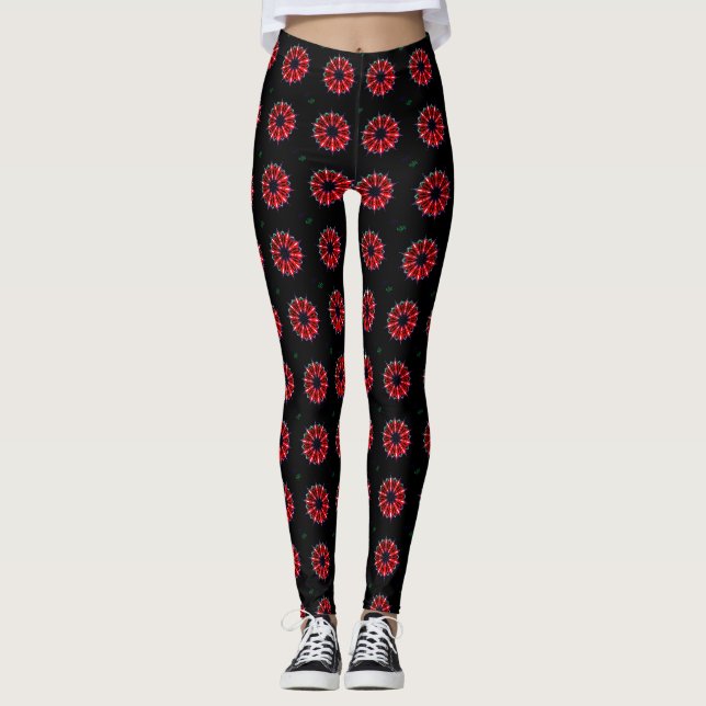 Legging belo design do padrão pokadot floral grande preto (Frente)