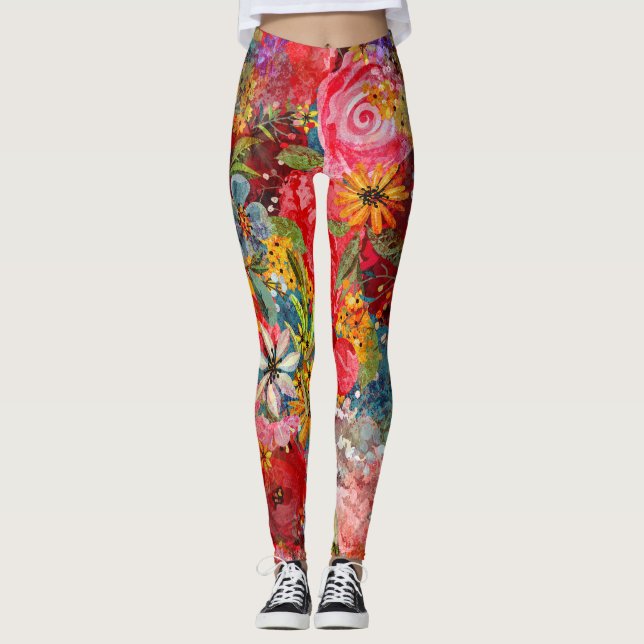 Legging Belo e brilhante padrão Abstrato floral colorido (Frente)