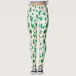 Legging Belo Padrão de Cacto Verde Suculento em Aquarela