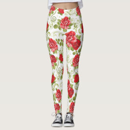 Legging Belo Padrão de Rosas Florais Vermelhas