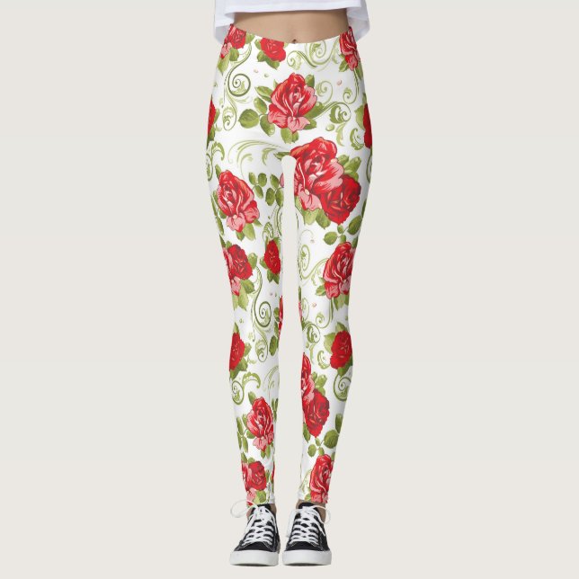 Legging Belo Padrão de Rosas Florais Vermelhas (Frente)