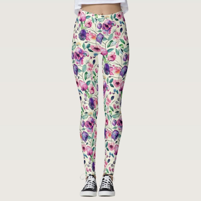 Legging Belo Púrpura E Padrão Floral Rosa (Frente)