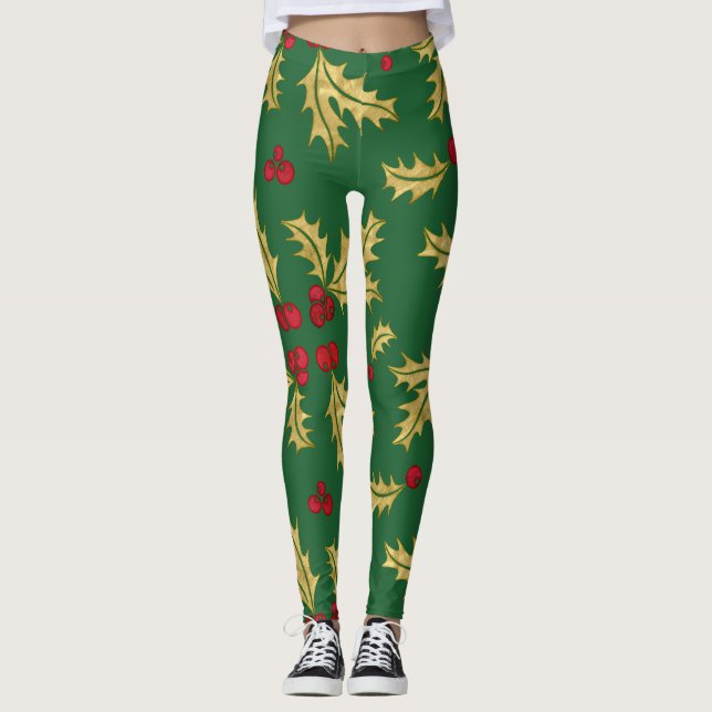 Legging Berries e Folhas Douradas e Vermelhas em Watercolo (Frente)
