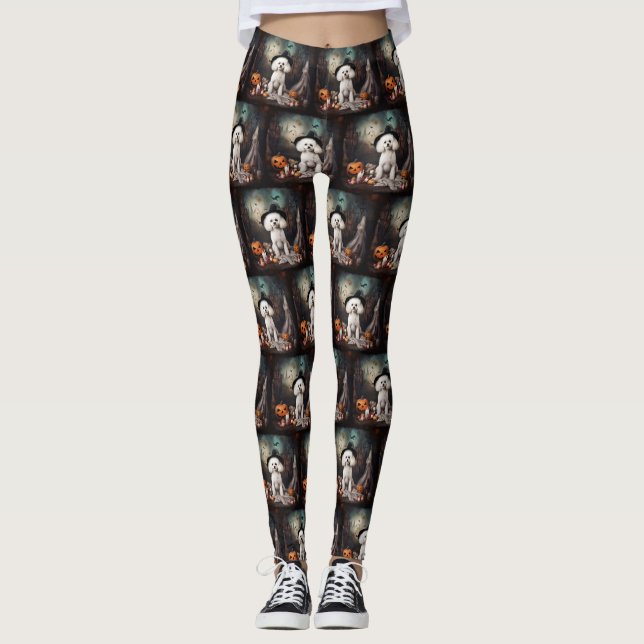 Legging Bichon Frise Abóboras Halloween Assustador (Frente)