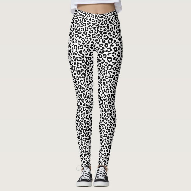 Legging Black and White Leopard Print Fun Safari Pattern (Frente)