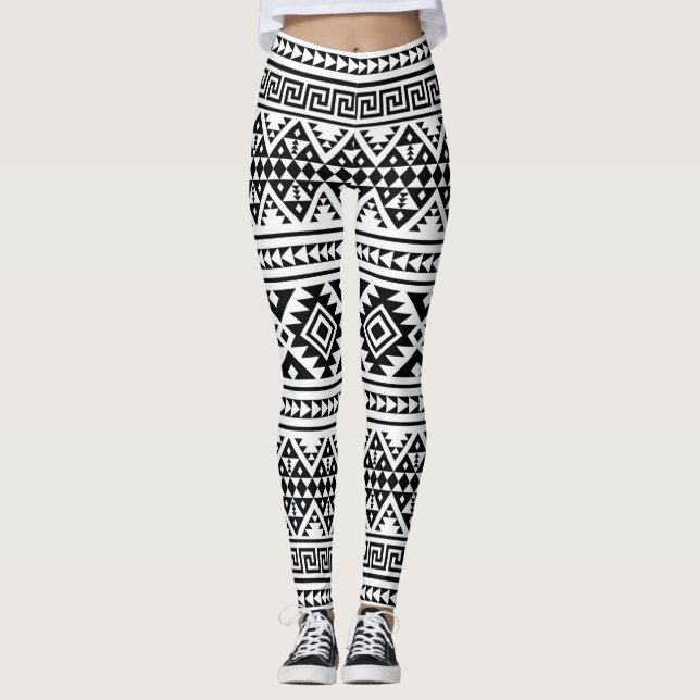 Legging Black White Geometric Tribal Pattern Aztec Boho (Frente)