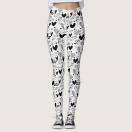 Legging Black White Hearts Love