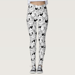 Legging Black White Hearts Love
