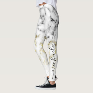Legging Black white marble gold sparkle glitter Your name
