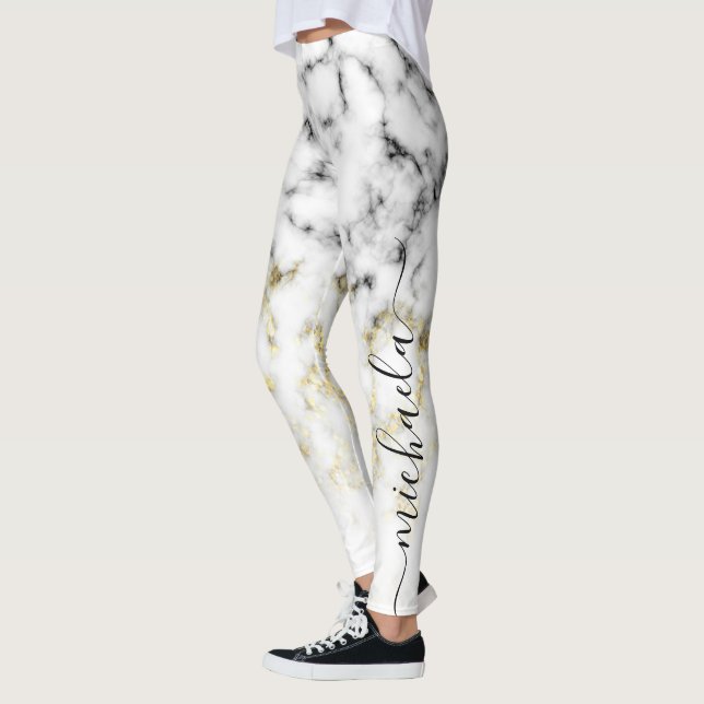 Legging Black white marble gold sparkle glitter Your name (Esquerda)