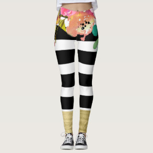 Legging Black White Stripes Glam Dourado Clássico Moderno