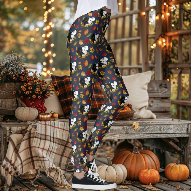 Legging Black White Wolves Moonlight Autumn Leaves (Criador carregado)