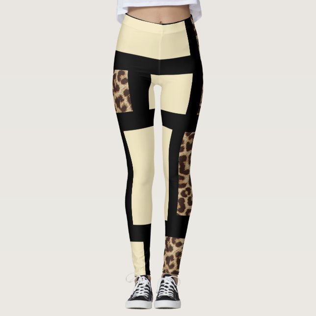 Legging Bloco de cor Creme Marfim Preto & Leopardo Guepard (Frente)